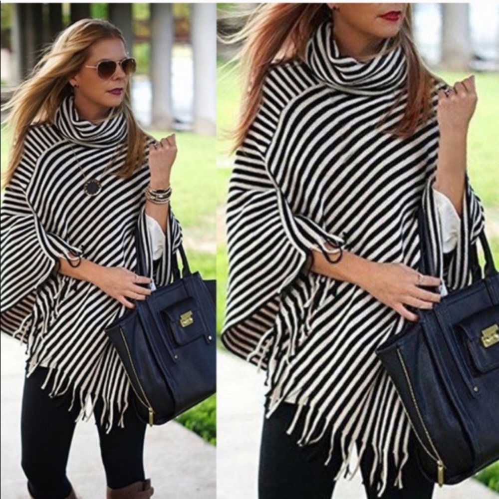 Women’s Black and White Striped Cowl Neck Poncho with Fringe